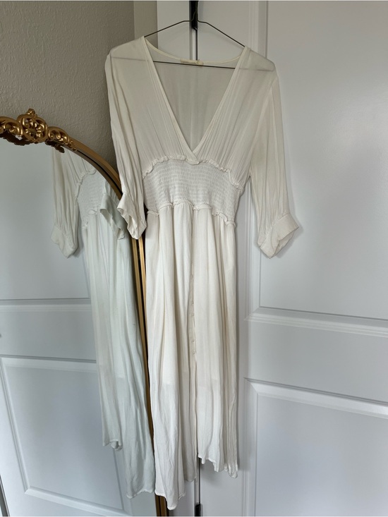 Shop Stevie Dresses & Skirts - Stevie Hender White Smocked Waist Button Down Midi Dress with Side Slits